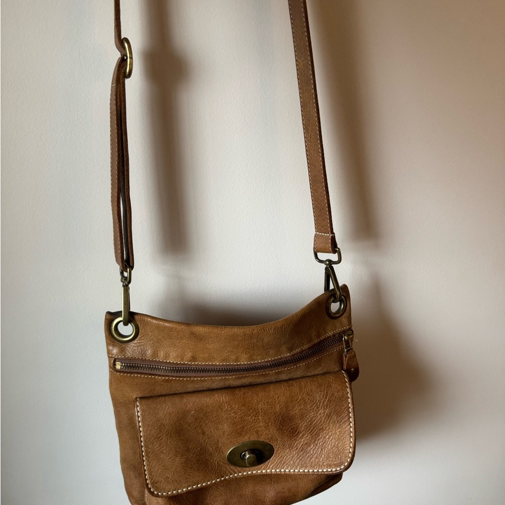 Roots Tan Brown Leather Crossbody Bag